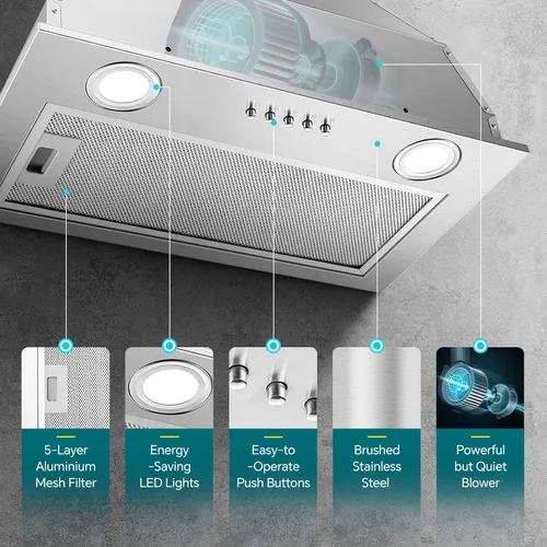 Miniatura 2 de Campana extractora de 20 pulgadas, campana de cocina integrada de 600 CFM, convertible con conductos/sin conductos, inserto de campana