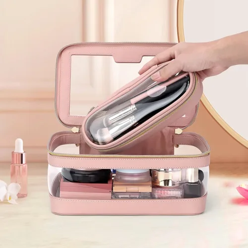 Miniatura 7 de Soimeat Bolsa de Maquillaje Transparente de Viaje con Bolsa de Brochas de Maquillaje, Estuche de Maquillaje de Cuero Bolsa de Tocador, Bolsa de Rosa