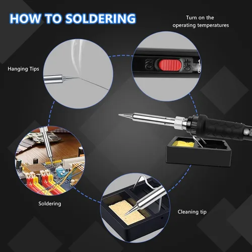 Miniatura 6 de Kit de soldador de 60 W y 110 V, temperatura ajustable, con puntas de hierro, soporte, esponja, alambre para soldar 60W 9-en-1