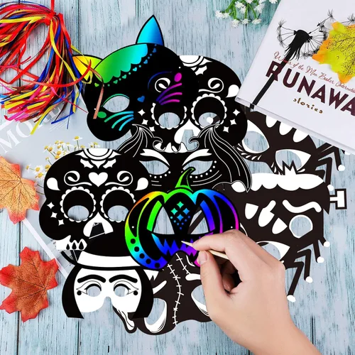 Miniatura 6 de Natonhi 32 piezas de manualidades de Halloween para niños, máscara para rascar arco iris, juegos de Halloween, arte y manualidades, kit de Halloween