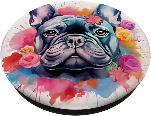 Miniatura 2 de Colorido Bulldog Francés Acuarela Arte Mascota Perro Mamá PopSockets Intercambiable PopGrip