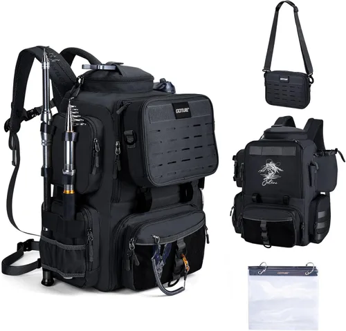 Goture Mochila de pesca, mochila de aparejos 900D resistente al agua con soportes para caña, bolsa de aparejos de pesca de gran tamaño de 58 L con
