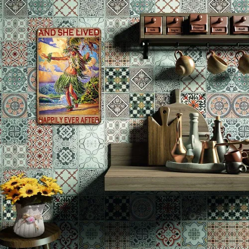 Miniatura 5 de Hawaii - Póster de hojalata hawaiana con texto en inglés «Girl and She Lived Happily Ever After» (La chica y ella vivió felizmente para siempre)