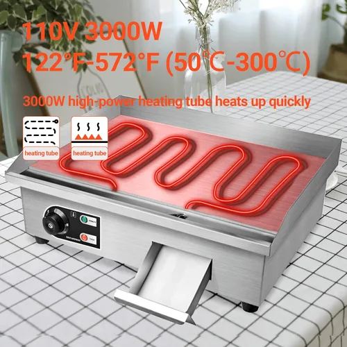 Miniatura 2 de Shikha Parrilla eléctrica de encimera de 22 pulgadas, 110 V, 3000 W, antiadherente, para restaurante comercial, Teppanyaki, de acero inoxidable