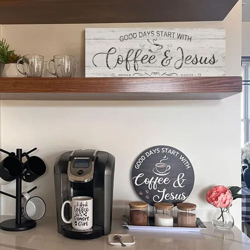 Miniatura 4 de Letrero cristiano de café para decoración – Good Days Start with Coffee & Jesus – Placa de lona rústica para colgar en la pared del hogar, cocina