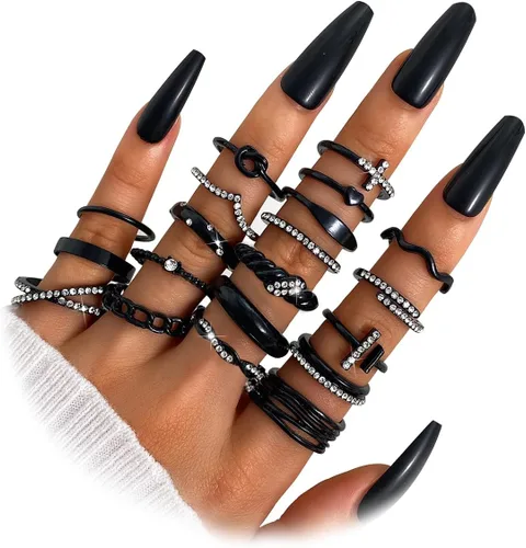 KISS WIFE Juego de anillos dorados, plateados y negros para nudillos, para mujeres, delicados, simples, modernos, apilables, perfectos para apilar