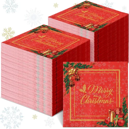 200 servilletas de papel de cóctel de Navidad, color rojo y dorado, desechables, servilletas de papel para bebidas navideñas para fiestas de postres