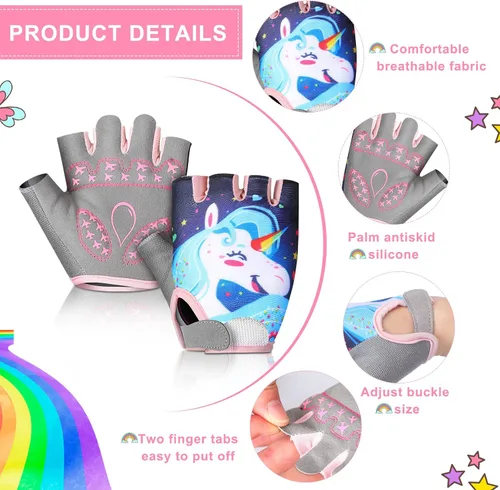 Miniatura 2 de Funtery 2 pares de guantes deportivos de ciclismo para niños, guantes de medio dedo de unicornio, guantes de ciclismo para niños y niñas, guantes