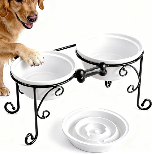 Miniatura 9 de Soporte elevado para cuencos para perros con 3 cuencos grandes de cerámica, estación de alimentación elevada para perros medianos y grandes, incluye