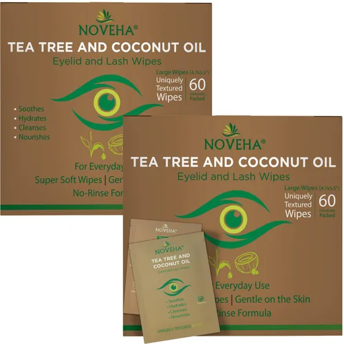 Miniatura 10 de NOVEHA 60 toallitas para párpados y pestañas de árbol de té y aceite de coco, para demodex, blefaritis y picazón en los ojos, toallitas de pestañas