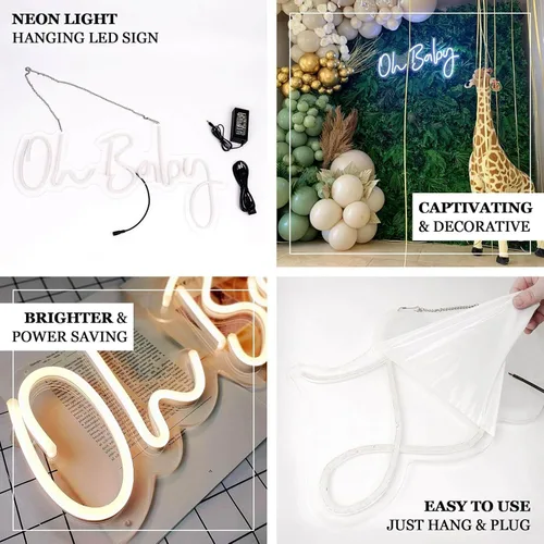 Miniatura 4 de Efavormart - Letrero de luz de neón de 26 pulgadas con texto en inglés "Oh Baby", luz LED blanca cálida reutilizable, con cadena colgante de 5 pies