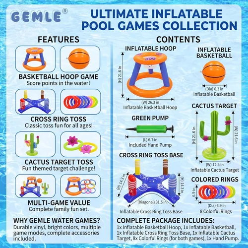 Miniatura 4 de Juego de juguetes de piscina, aro de baloncesto inflable para piscina, juego de lanzamiento de anillos cruzados y cactus inflables para niños