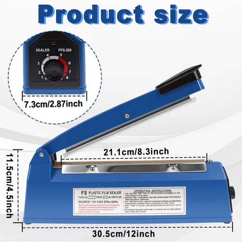 Miniatura 2 de 8 Inch Impulse Sealer, Manual Heat Sealer Machine for Mylar Bags, Shrink Wrap Bag Sealers Sealing Machine for Plastic PE PP Bags with 3 Free