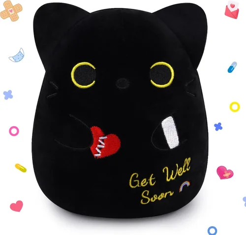 Miniatura 9 de Regalos para mujeres y niños, peluche de gato negro de 8 pulgadas, animales de peluche con texto en inglés "Get Well Soon", peluches de gato kawaii