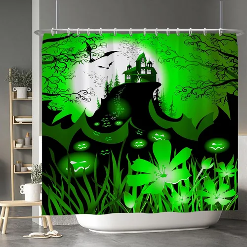 Miniatura 64 de Cortina de ducha de fantasma y gato negro para niños, 36 x 72 pulgadas, espeluznante y bonita, cortina de baño de Halloween con 6 ganchos, cortina