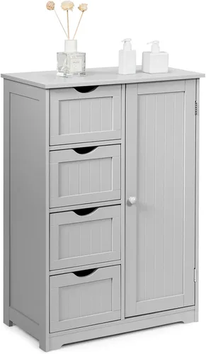 Miniatura 10 de COSTWAY Armario de almacenamiento de baño, organizador de almacenamiento de madera con 4 cajones profundos y estante ajustable, gabinete de piso