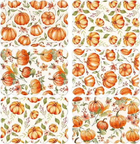 Oinyoung - Juego de 6 manteles individuales de otoño de acuarela de 12 x 17 pulgadas, juego de 6 manteles individuales de plástico de calabaza,