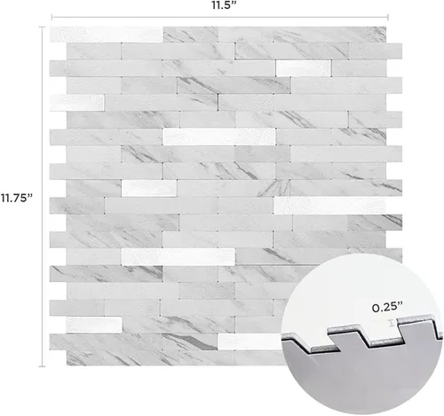 Miniatura 2 de Tic Tac Tiles Autoadhesivo extraíble para la loseta del muro de la cocina o el baño, azulejos metálicos (blanco mármol, 1)
