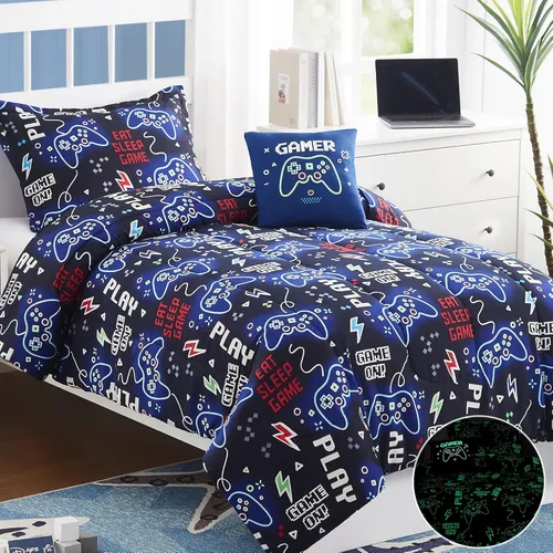Miniatura 6 de Juego de edredón para niños Kaleido Space tamaño individual para niños, juego de ropa de cama para niños con luz en la oscuridad para jugadores, 1