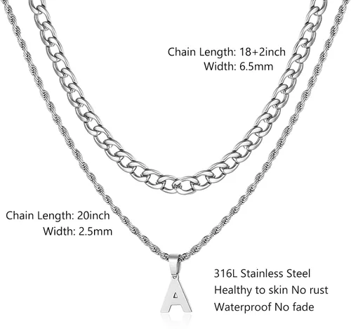 Miniatura 14 de SENRAN Collar con inicial en capas de la A a la Z para hombre, cadena de cuerda torcida de acero inoxidable de 18 a 20 pulgadas, dije de letra
