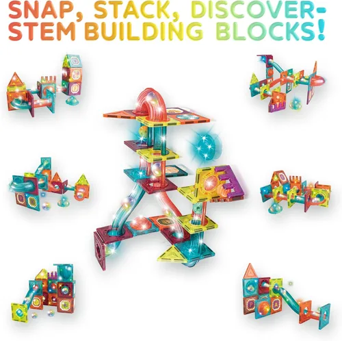 Miniatura 6 de Contixo Juguetes de construcción STEM – Juego de 65 piezas de azulejos magnéticos de mármol 3D para aprendizaje, apilables, juego de bloques