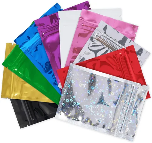 100 piezas Premium a prueba de olores, doble cara de Mylar de color plano sellable por calor, bolsa de embalaje de muestras 3 x 4 pulgadas
