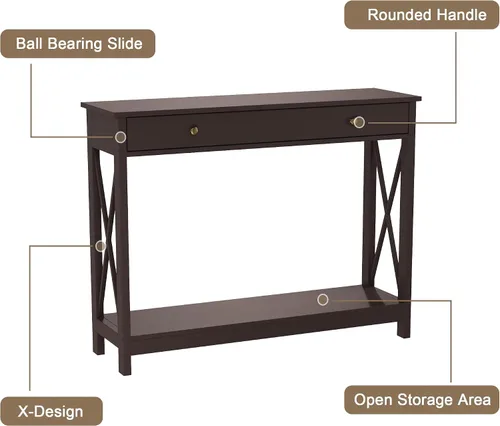 Miniatura 6 de Mesa de consola Treocho Espresso con cajón y estantes de almacenamiento, mesa de sofá estrecha para entrada, sala de estar, pasillo
