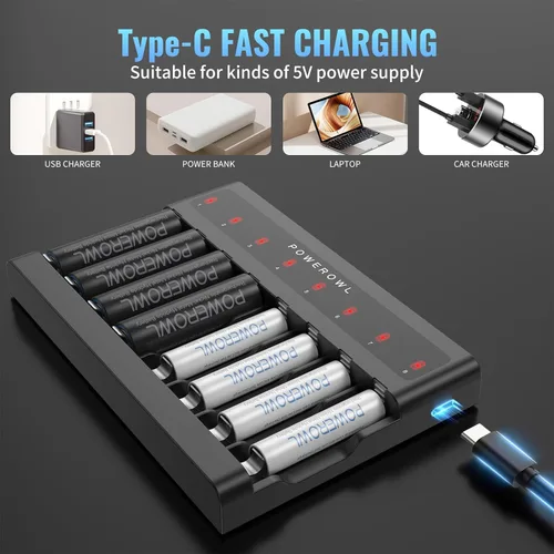 Miniatura 6 de POWEROWL Baterías AAA recargables de 1000 mAh con cargador de batería inteligente de 8 bahías, baterías Ni-MH Triple A de baja autodescarga, 8