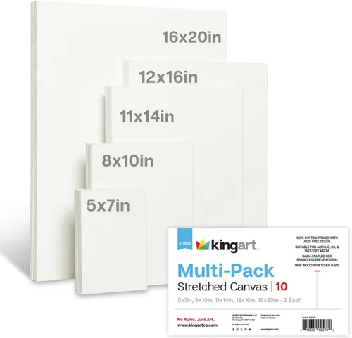 Miniatura 10 de KINGART 833-28 Paneles de lienzo estirados, 100% algodón, triple imprimado, para acrílico, óleo y medios mixtos, blanco, mini surtido, paquete de 28