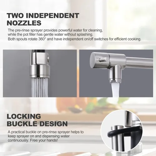 Miniatura 4 de WOWOW - Grifo de cocina de latón con rociador extraíble, grifo de cocina de resorte comercial de arco alto para fregaderos de 1 o 3 agujeros, grifo