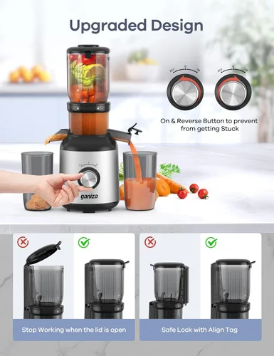 Miniatura 4 de Ganiza - Máquinas exprimidoras de masticación lenta, exprimidores de prensa fría con gran canal de alimentación para frutas y verduras enteras