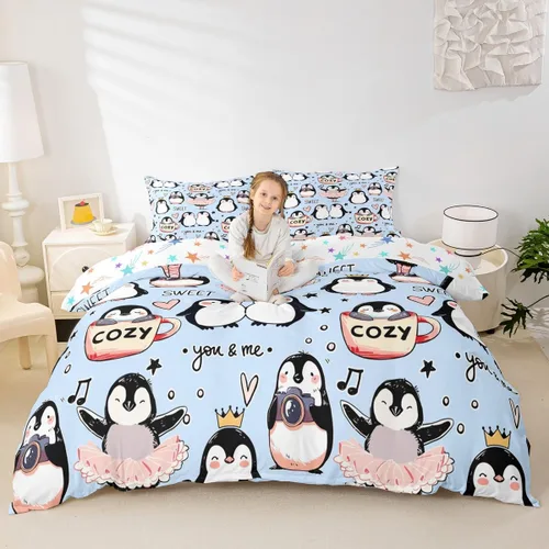 Juego de funda de edredón para niños de dibujos animados, diseño de pingüinos de dibujos animados, lindo juego de ropa de cama de animales árticos,