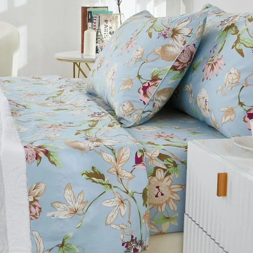 Miniatura 23 de Brandream Juego de sábanas tamaño King con estampado floral lujoso estilo bohemio con medallón azul y estampado de cachemira, colección de ropa