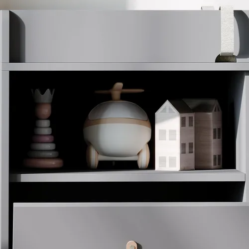Miniatura 6 de Cambiador de bebé con 5 cajones, cómoda para cuarto de bebé con cesta de lavandería inclinable, organizador de cambiador infantil para guardería