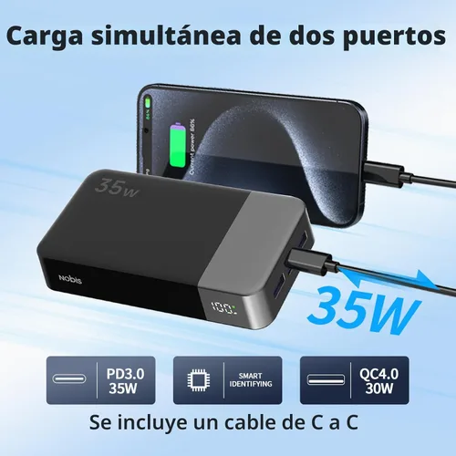 Miniatura 3 de NOBIS Cargador Portátil, Banco de Energía de 20000mAh, Banco de Energía de 35W Carga Rápida, Paquete de Batería con Cable C a C, Banco de Batería