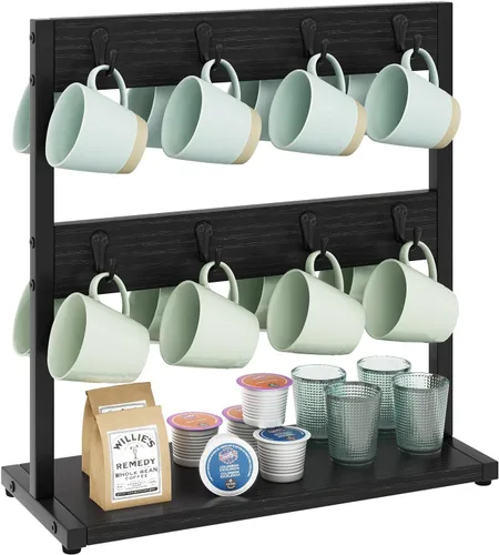 IBUYKE Soporte de madera para taza de café para encimera, soporte para árbol de taza de 16 ganchos con base de almacenamiento, organizador de Negro