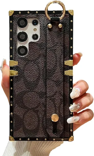 Miniatura 11 de Funda Rectangular de Cuero de Lujo para Teléfono Diseñada para Samsung Galaxy S23 Ultra Funda Linda con Correa de Muñeca Anti Caídas Protectora