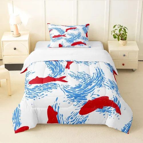 Miniatura 16 de Erosebridal Juego de edredón de tiburón, tamaño individual, juego de ropa de cama de vida oceánica para niños y niñas, color verde azulado