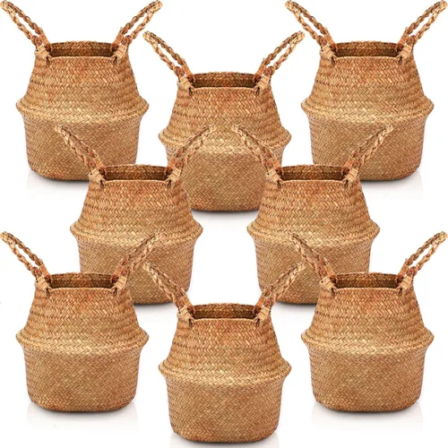 Miniatura 15 de Qunclay 4 Cestas Tejidas de Hierba Marina Belly Basket Plegable Boho Natural Maceta con Asas Redonda Decorativa de Mimbre Grande para Interiores