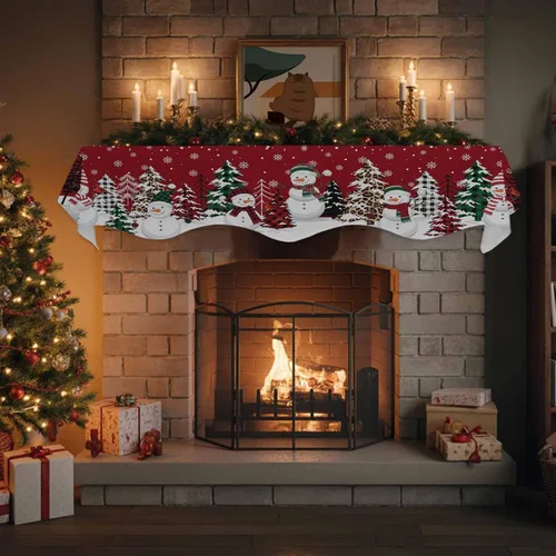 Miniatura 4 de Bufanda de chimenea de muñeco de nieve de Navidad, diseño de árboles de Navidad rojos, copos de nieve de invierno, bufandas para chimenea, estante