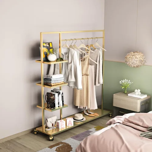 Miniatura 4 de Percheros dorados con estante, para boutiques minoristas, estantes de ropa dorados, múltiples usos, resistente para colgar barras para el hogar