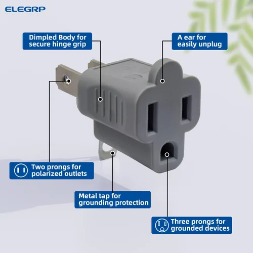 Miniatura 3 de ELEGRP Adaptador de 2 a 3 puntas, paquete de 2, gris - Adaptador de enchufe de conexión a tierra polarizado, certificación ETL