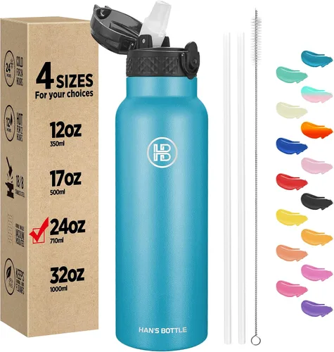 Miniatura 8 de Han's Bottle - Botella de agua para niños con tapa con pajilla - Vaso reutilizable de acero inoxidable aislado para niñas, niños, taza termo, 17
