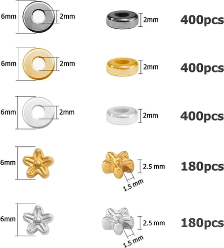 Miniatura 2 de Cuentas espaciadoras planas redondas de 6mm, 1560 piezas (360 flores), Oro, Plata, Negro, en forma de flor, Plástico (recubierto de cobre)