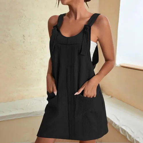 Miniatura 3 de Soild Color Pinafore - Delantal de cuello cuadrado, vestido de trabajo de jardín para mujer, vestido midi con tirantes para ocultar el vientre
