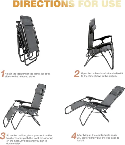 Miniatura 7 de Juego de 2 sillas ajustables de gravedad cero, sillas reclinables plegables para exteriores con almohada, sillas portátiles junto a la piscina, Gris