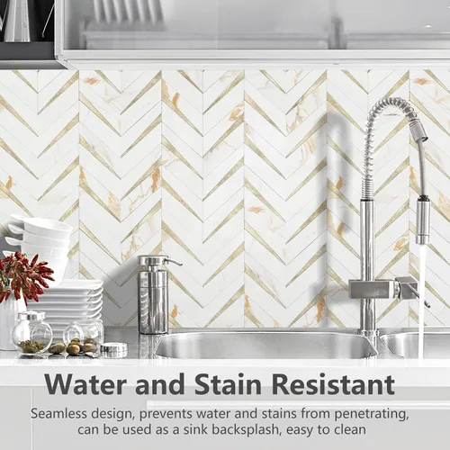 Miniatura 3 de STICKGOO 10 hojas de azulejos en espiga para despegar y pegar, mármol Calacatta mezclado con PVC dorado claro para salpicaderos, azulejos de pared