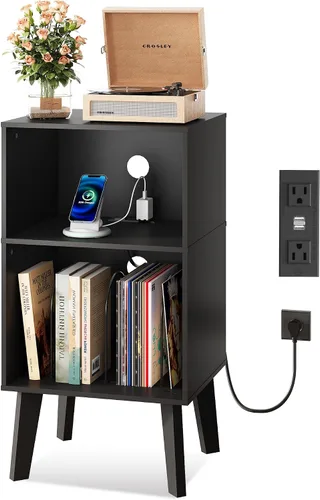Miniatura 9 de WLIVE - Soporte para tocadiscos con estación de carga, moderna mesita de noche con almacenamiento, mesita de noche de espacio pequeño, mesa auxiliar
