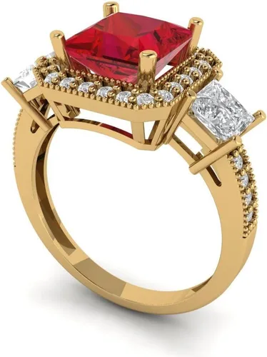 Miniatura 2 de Clara Pucci 3.03 Cojín de corte princesa halo solitario 3 piedra acento impresionante genuino impecable imitación rubí gema diseñador moderno anillo