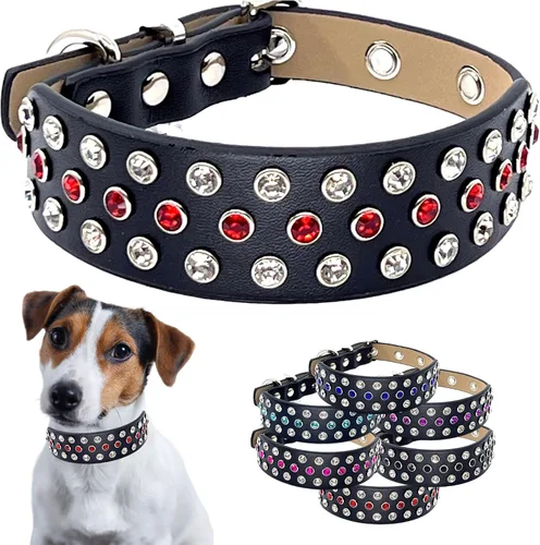 Miniatura 8 de Collar de perro con diamantes de imitación con brillantes piedras aguamarina tachonadas en cuero ancho de microfibra negra, detalles de diseñador